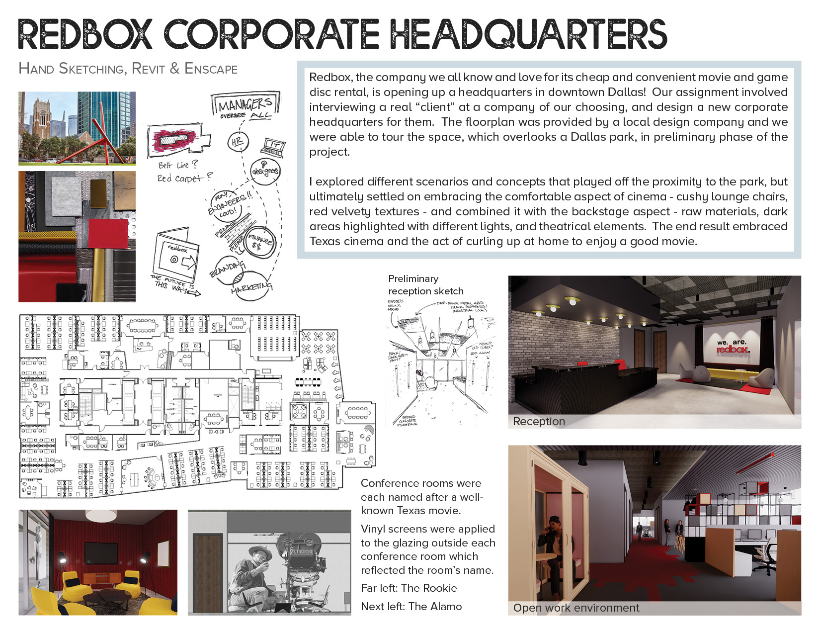 Redbox corporate headquarters - Floor plan, seating, reception, open work environment designs