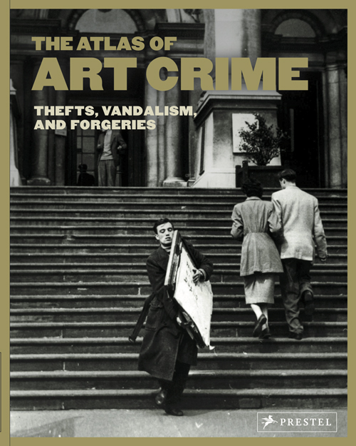 Book cover in black and gold shows a man walking out of a museum with artwork.