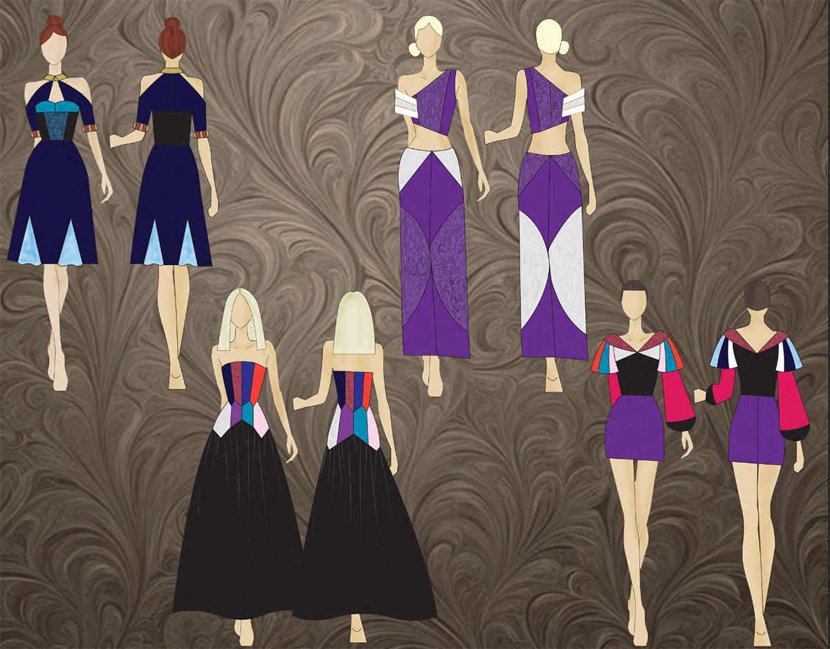 Four fashion illustrations of three colorful dresses and one pant and top combination.