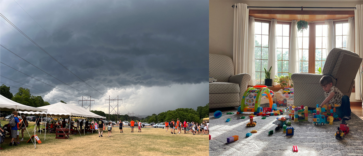 Photographic diptych: one side shows kids outside playing under dark clouds; second side is a child playing alone indoors with toys allover the floor 