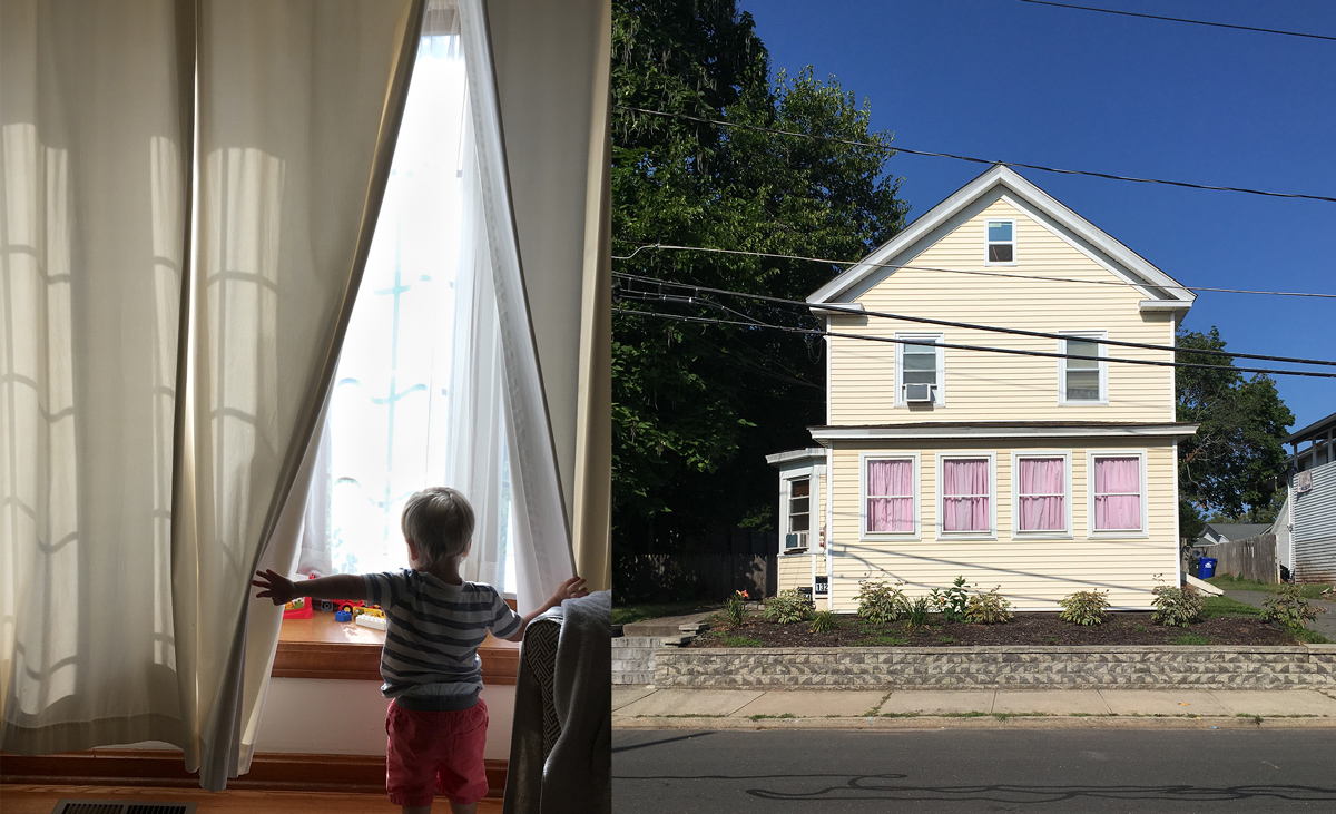 Diptych: one side, a yellow house with big windows; other side, a child indoors looking outside from a large window,
