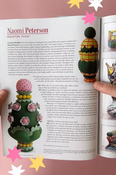 Magazine page from Ceramic Monthly with Naomi Peterson's name at the top.