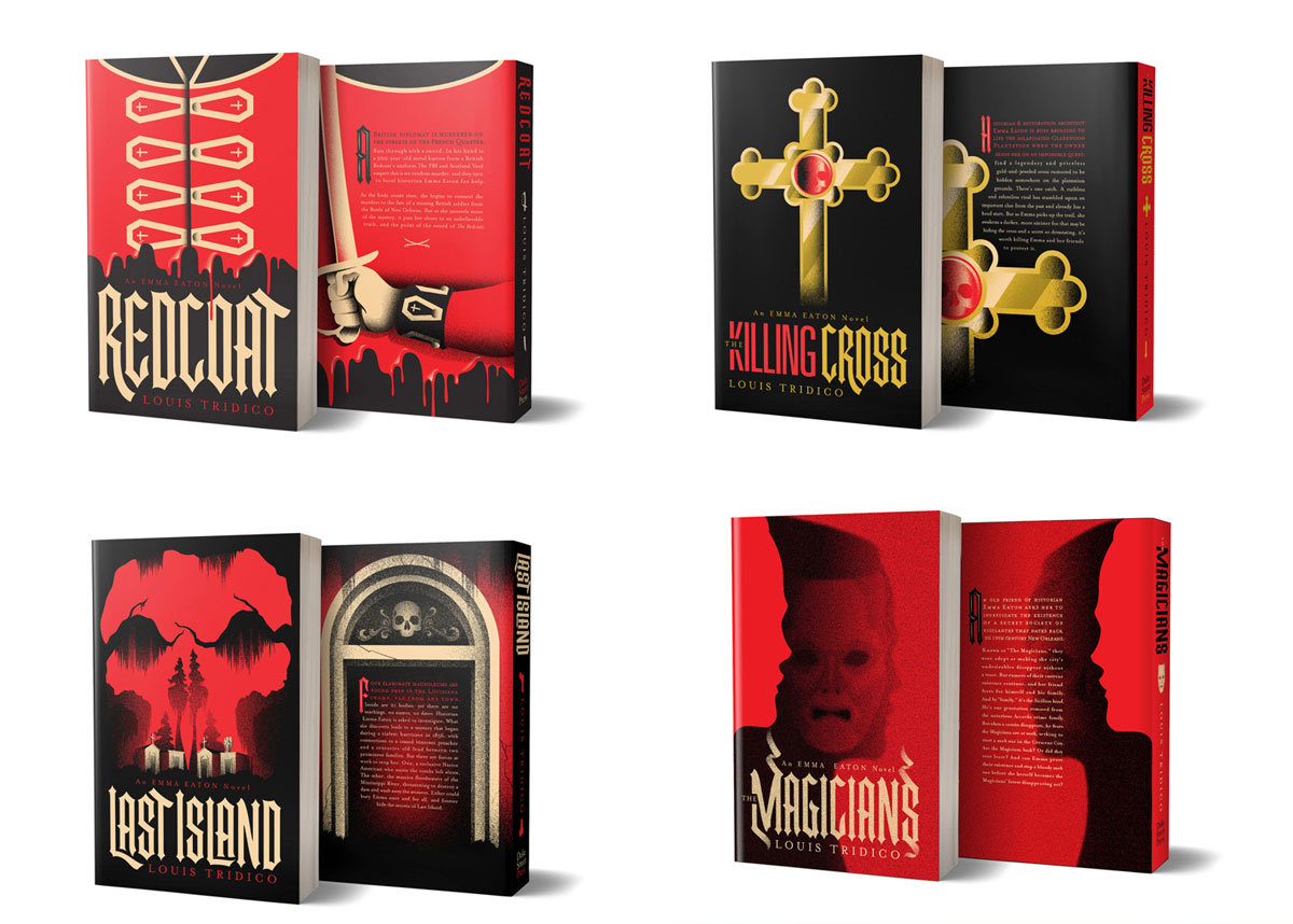Red, black and gold book covers with gold type
