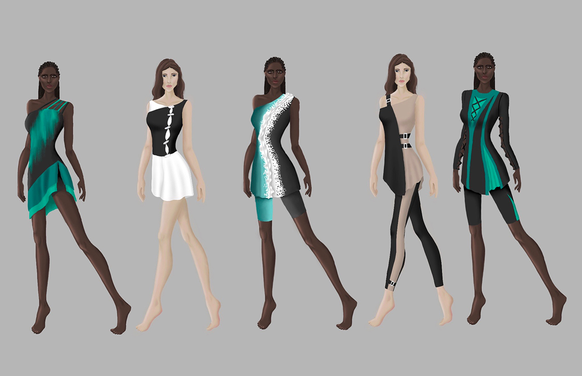 Image contains illustrations of five modest swimsuits and dresses — one ankle length, two knee length, a short dress, and a skort. Each one uses the colors and shapes seen on the mood board.