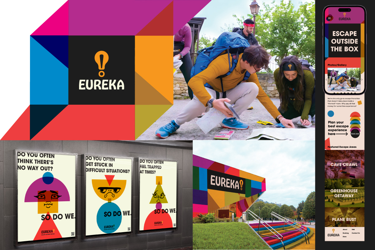 Eureka's logo: colorful overlapping shapes form 3D cube, black box with lightbulb and logotype. Image of escape room, HQ, ads and website on display.