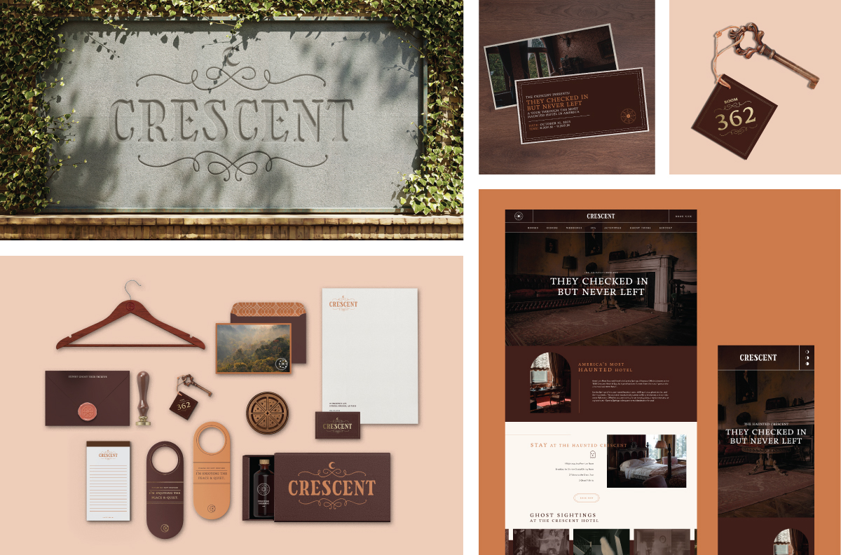 A collage of branding elements for the Crescent Hotel including rocky signage with the Crescent Hotel logo amidst some foliage, tickets for a ghost tour, an old key with a keychain with the room number on it, and two images of the ghost tour page for the hotel's website in both desktop and mobile format.