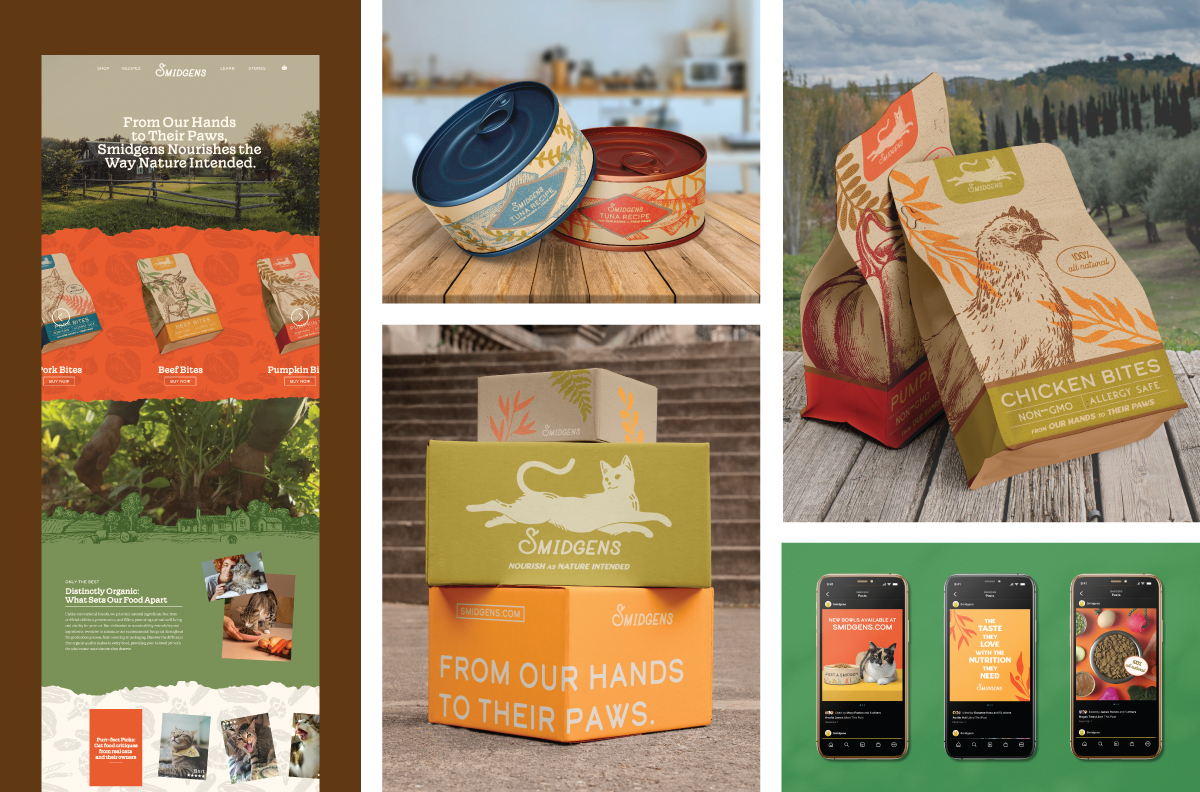 A collage of several branding assets for the cat food brand Smidgens. The collage includes images of the home page for the Smidgens website in desktop format, packaging designs for wet and dry foods, a stack of several delivery boxes, and a set of three Instagram ads.