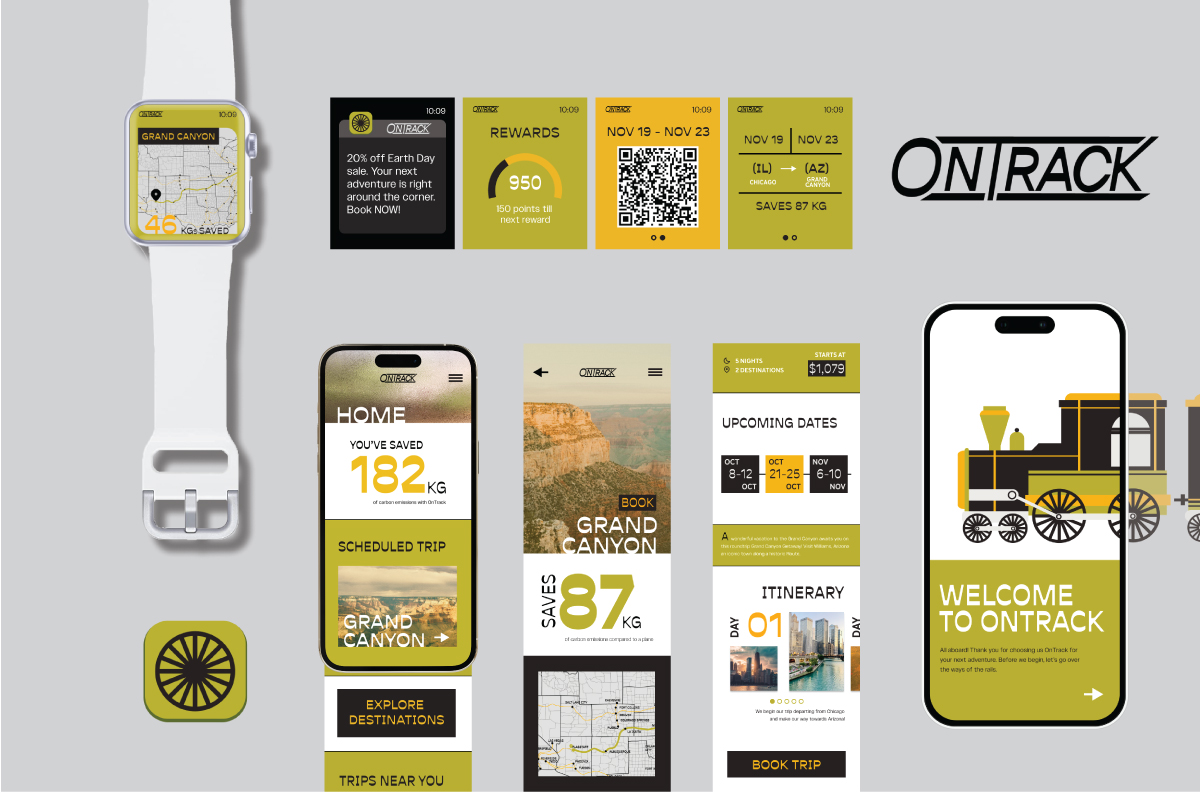 A collage of different elements of the OnTrack mobile design, including the logo, the app icon, several pages from the mobile app, and the Apple Watch app and its interfaces.