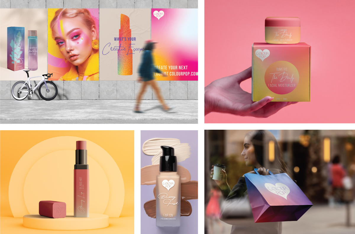 A collage of several branding assets for the ColourPop makeup brand, including lipstick and foundation packaging designs, a design for moisturizer and its packaging, a shopping bag design, and a set of four poster advertisements in a city location. 