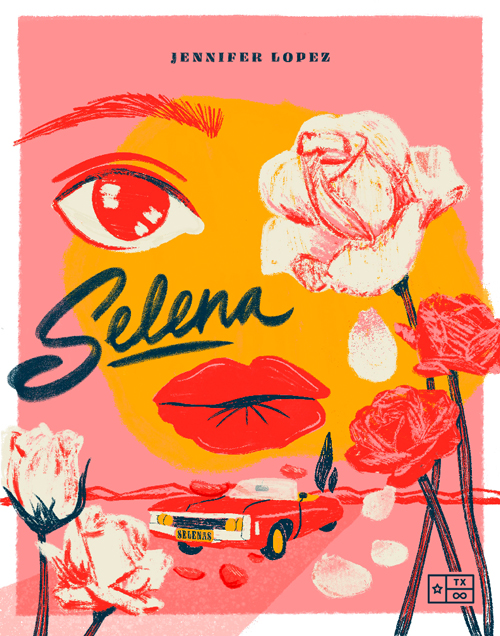 Selena movie poster, pink, gold, black and white and red
