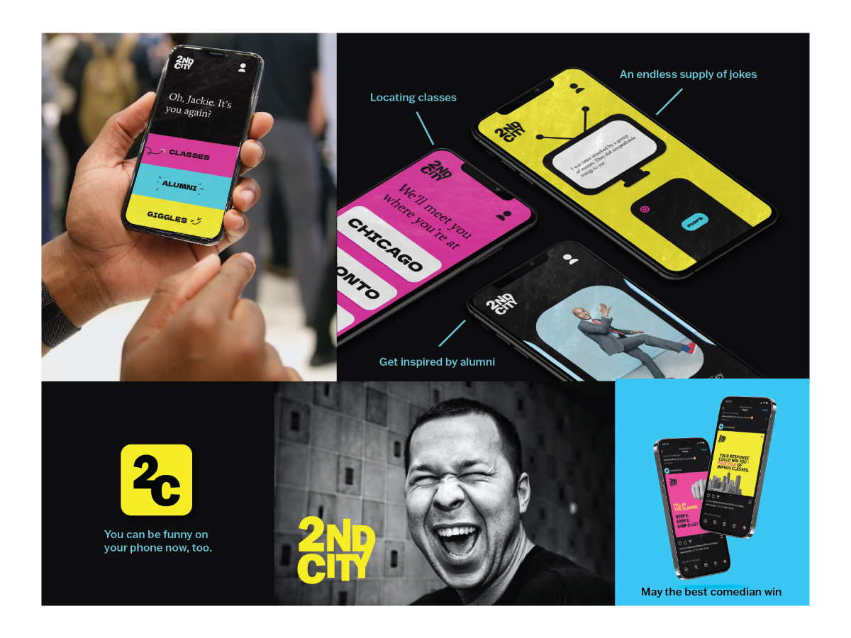 A grid of four images showcasing The Second City mobile app features including personalized profile, class and alumni listings, remote access to comedy shows and funny content on-the-go.