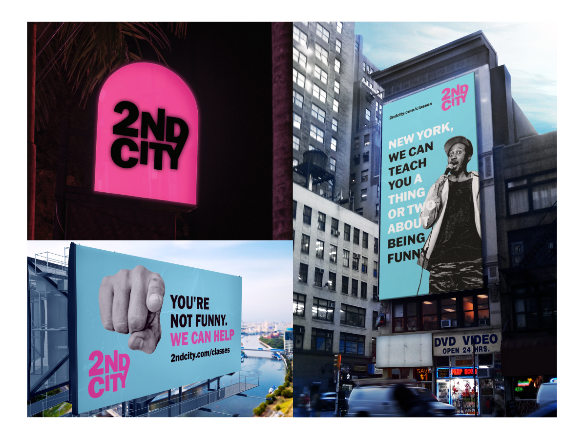 There are three photos present in a grid. The first one is a bright pink sign with the Second City logo on it. The second one is a billboard in the center of New York City that reads, 'New York, we can teach you. a thing or two about being funny.'