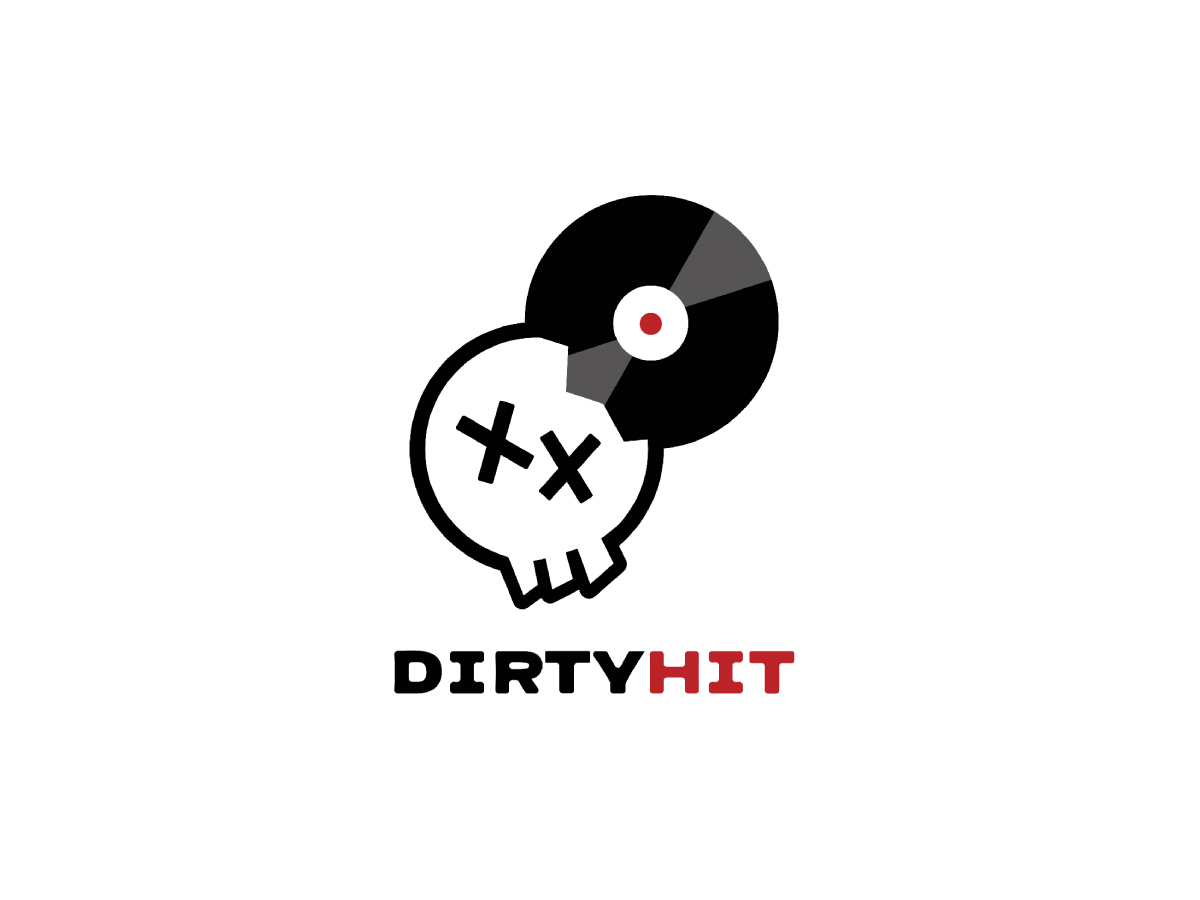 A simplified illustration of a skull, with X's as eyes. A record has crashed into the top right corner of his head. The text below it reads 'Dirty Hit.' 'Dirty' is in black, and 'hit' is in red.