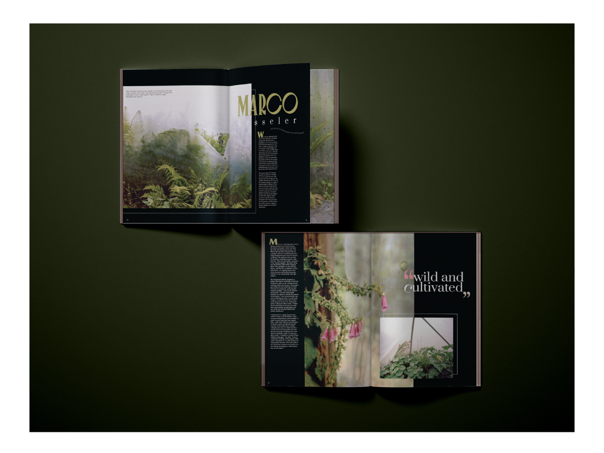 Two magazine spreads:  a large photo of green vegetation a black background and a large photo of flowers both partially covered by plastic
