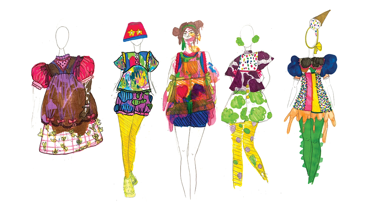 A drawing of 5 separate garments (2 dresses, 2 shorts and shirts outfits, and a pair of overalls) drawn on fashion croquis. Drawn in color using markers, colored pencil, and graphite pencil. 