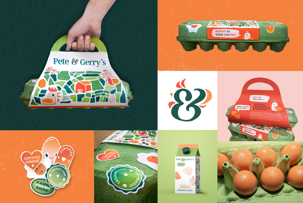 "Colorful Pete & Gerry's organic eggs packaging with deconstructed chicken imagery and humane farm fresh certification, stands out on the shelf."