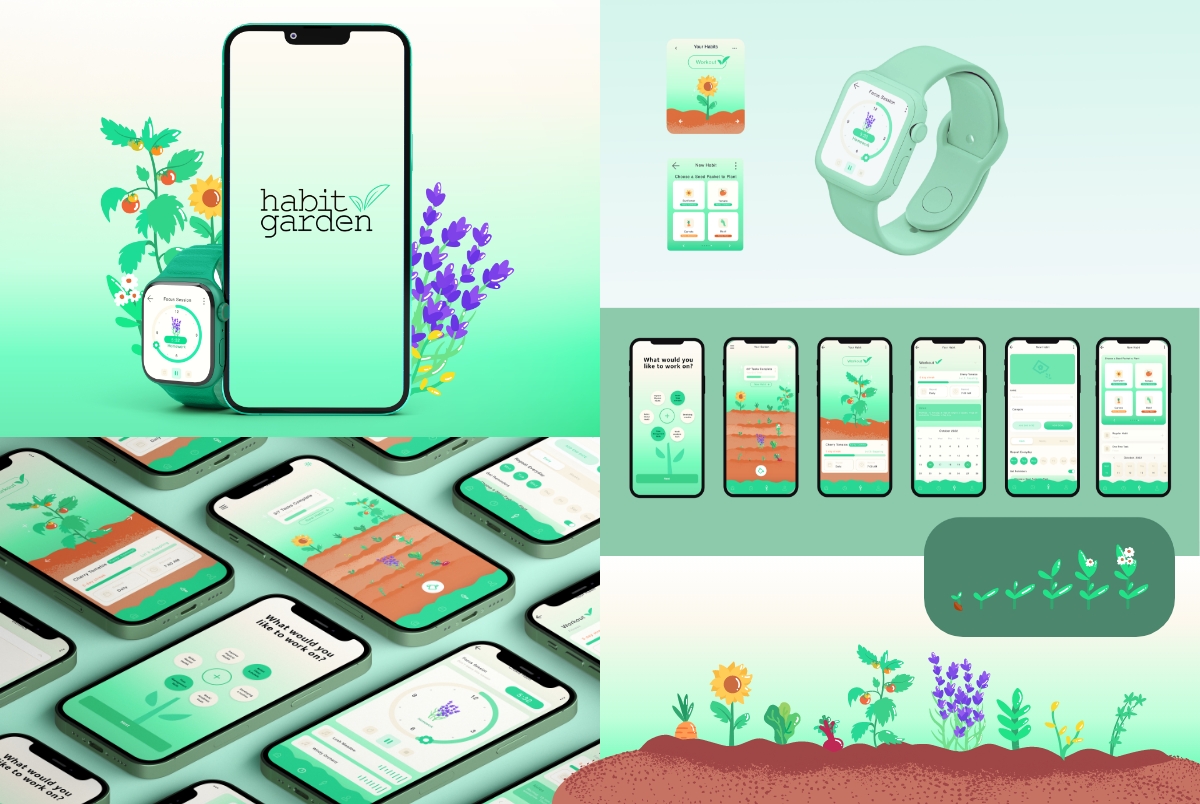 A brand board that features a concept for a mobile app called 'Habit Garden', an apple watch widget, and garden illustrations.