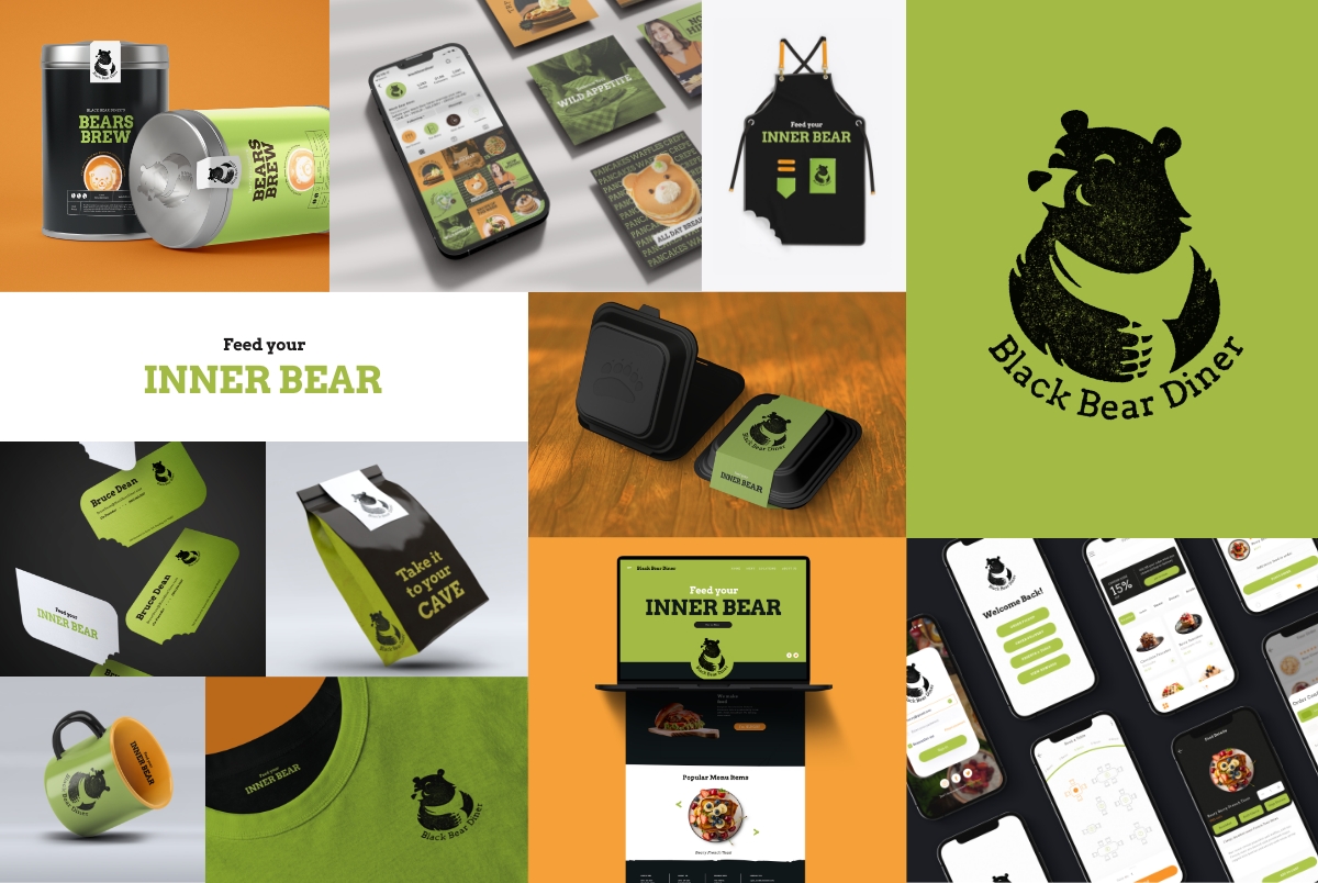 Brand board of images depicting a rebrand of Black Bear Diner  consisting of a bear logo and the following branded assets: coffee packaging, website, app, social media, T shirt, apron, to go bag and box, coffee mug, and business card.