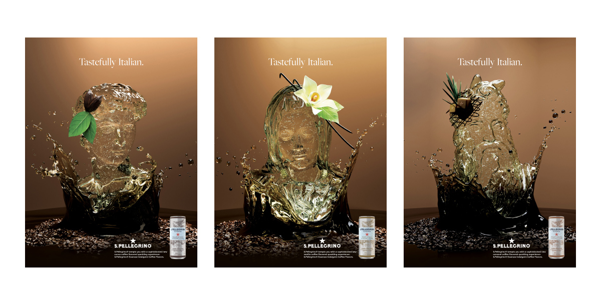 3 ads depicting famous Italian sculptures as effervescent sparkling water, adorned with respective ingredients and surrounded by coffee beans.