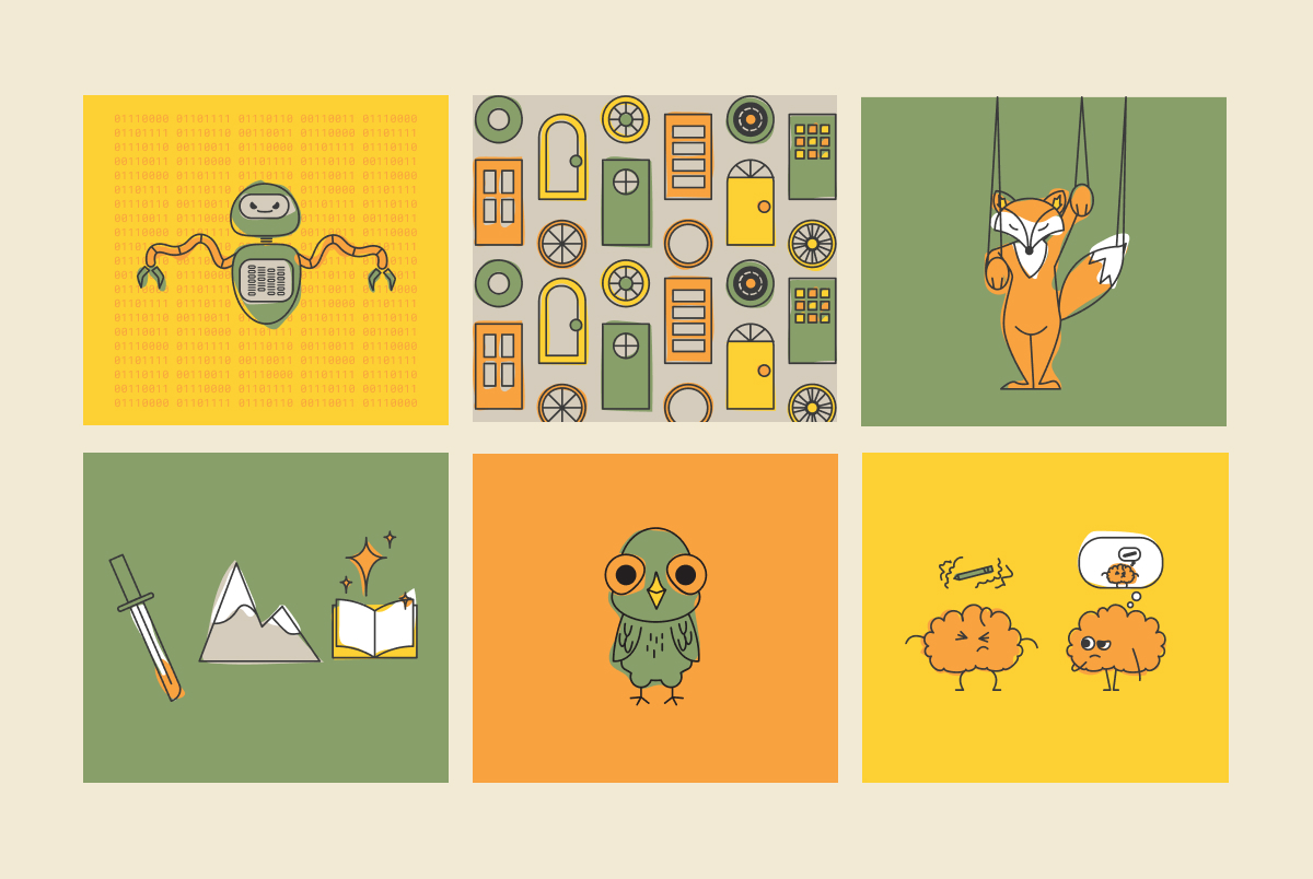 Various illustrations. A robot with crinkly arms, a pattern of doors, a fox puppet, a sword, mountain, and book placed together, a pigeon, and finally two brains attempting telekinesis and telepathy.