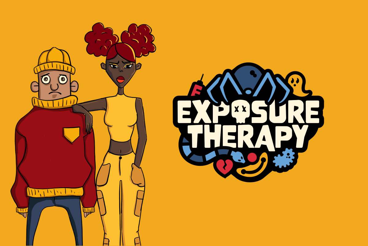 Exposure Therapy illustrated with fears: snakes, spiders, heartbreak, clowns, needles, germs, etc. A man is timid, woman rests arm on his shoulder.