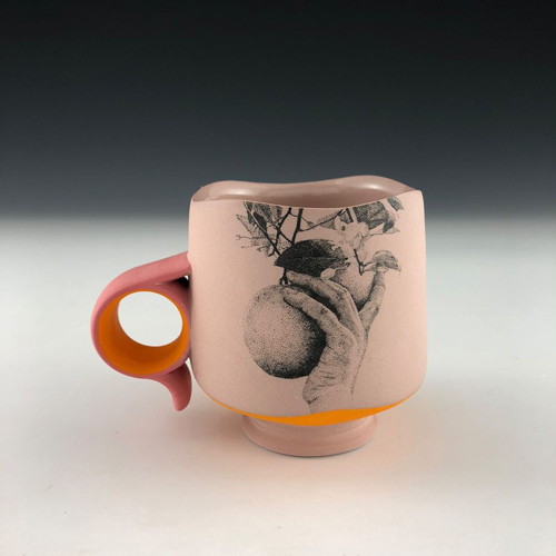 Ceramic cup with a painting of a hand picking a peach