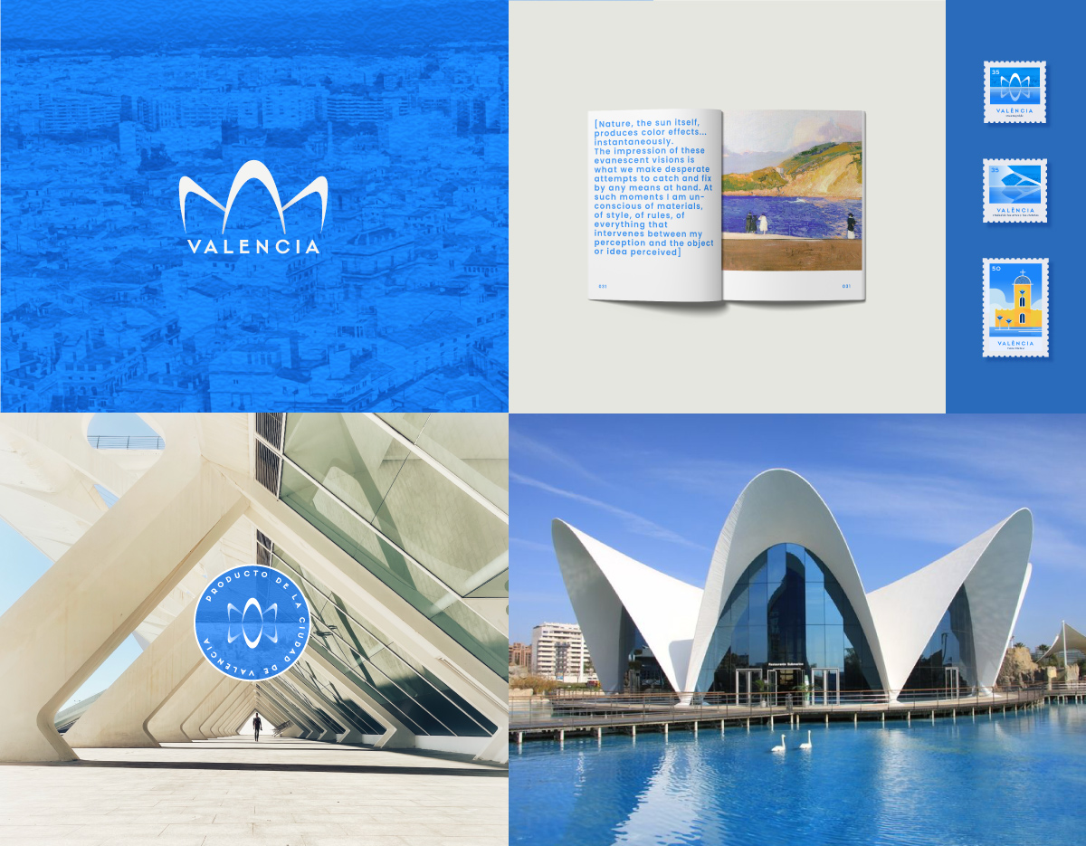 Valencia branding project showcases emblematic architecture of modern Spanish city on Mediterranean coast. Logo resembles Oceanographic building with city guide.