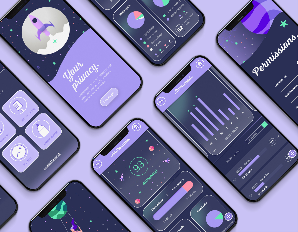Andromeda app screens: Sleep cycle tracker via smartwatch heart rate monitoring also display data visualizations, illustrations, privacy, and profile settings.