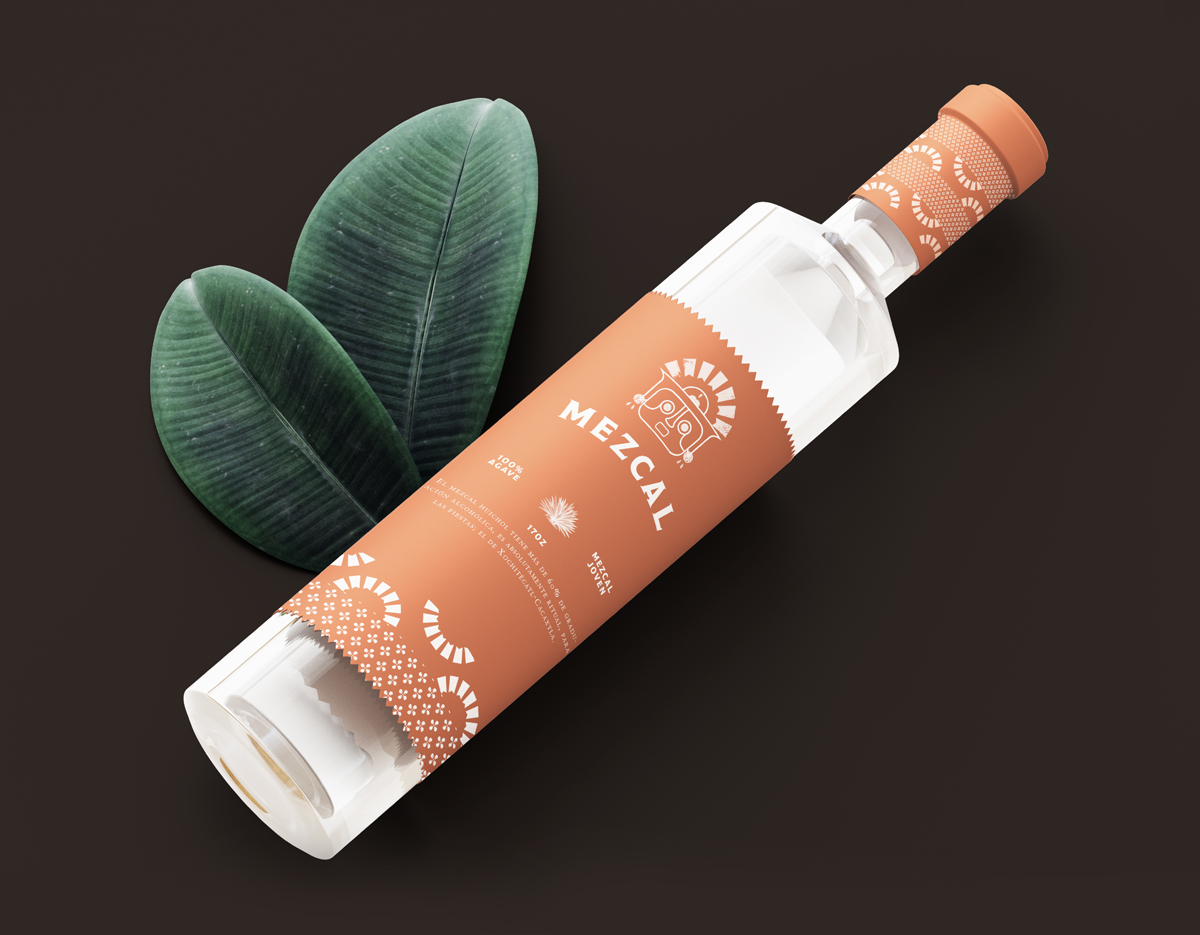 Zapoteco is a hotel in Oaxaca city, Mexico. For the branding, a Mezcal bottle was created for the guest to enjoy the authentic culture of the people of Oaxaca. In this image you can find the design for the bottle on a dark brown background and plants.