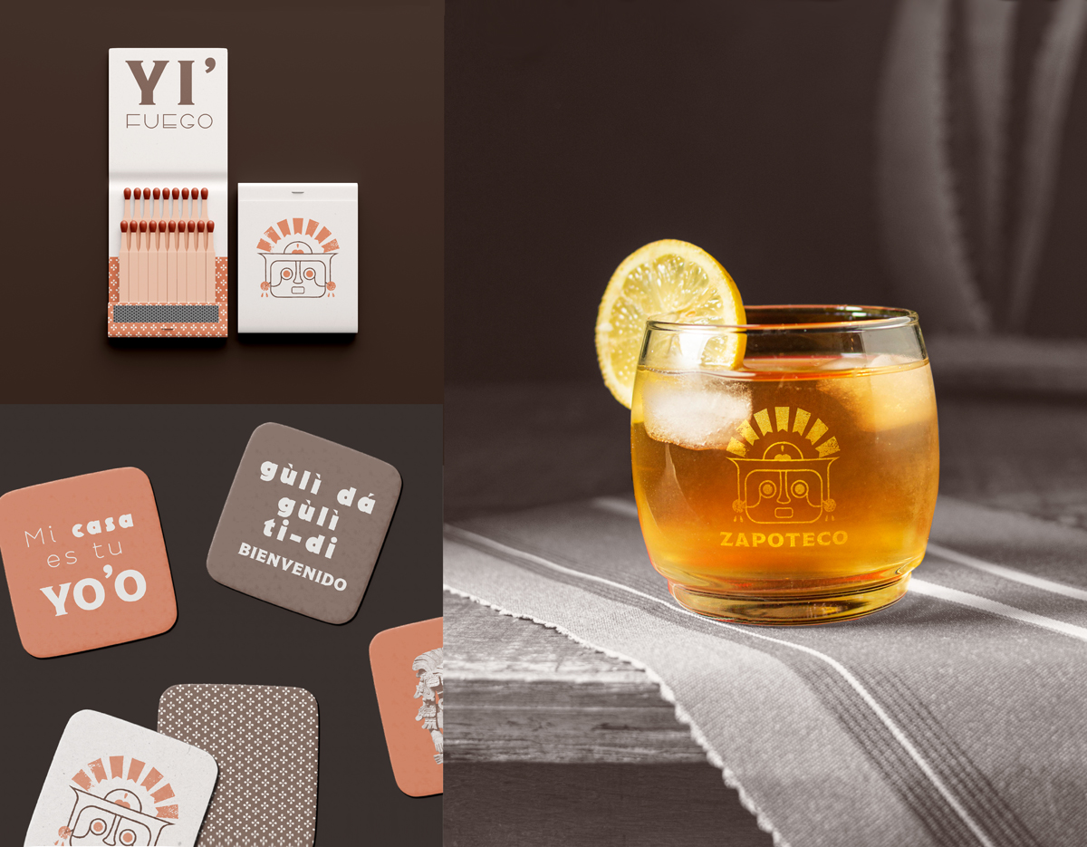 Branding for Zapoteco includes a glass with the logo, a box of matches, and coasters that use Spanish, English and the Zapotec language.