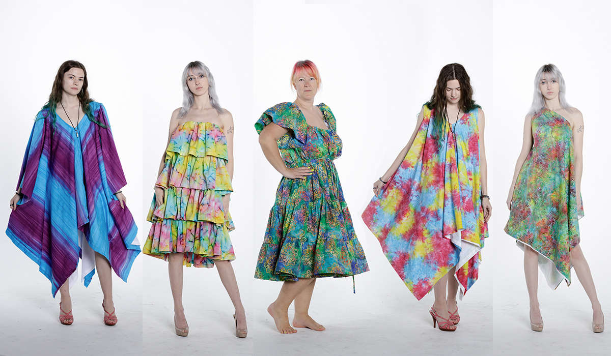 Collection shoot of five colorful print resembling watercolor paintings on five female models.