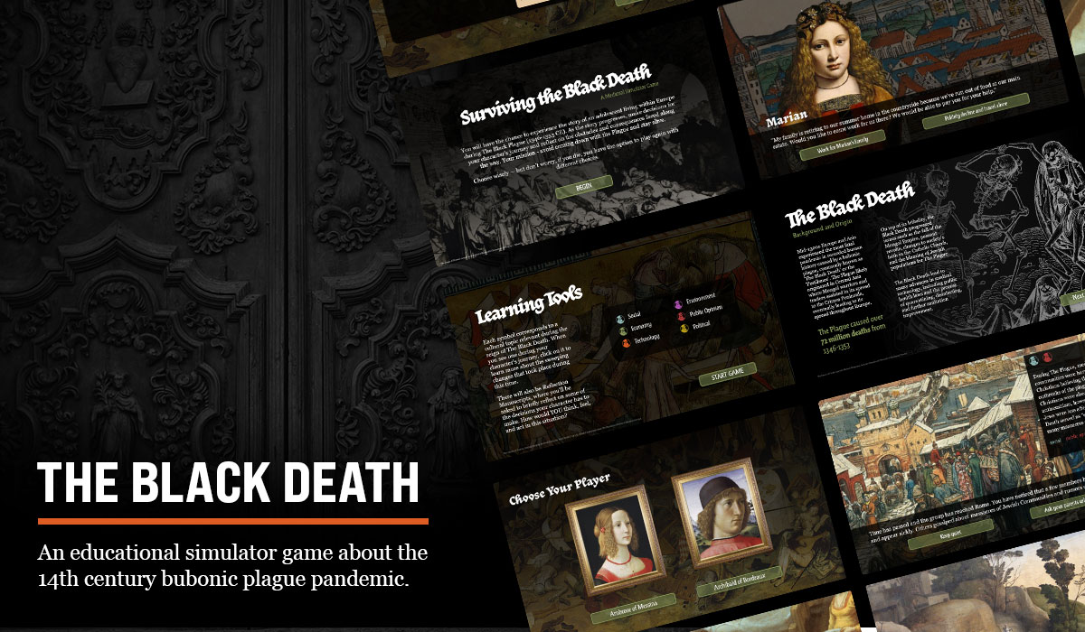 Screens showing a dialogue-based game about the Black Death