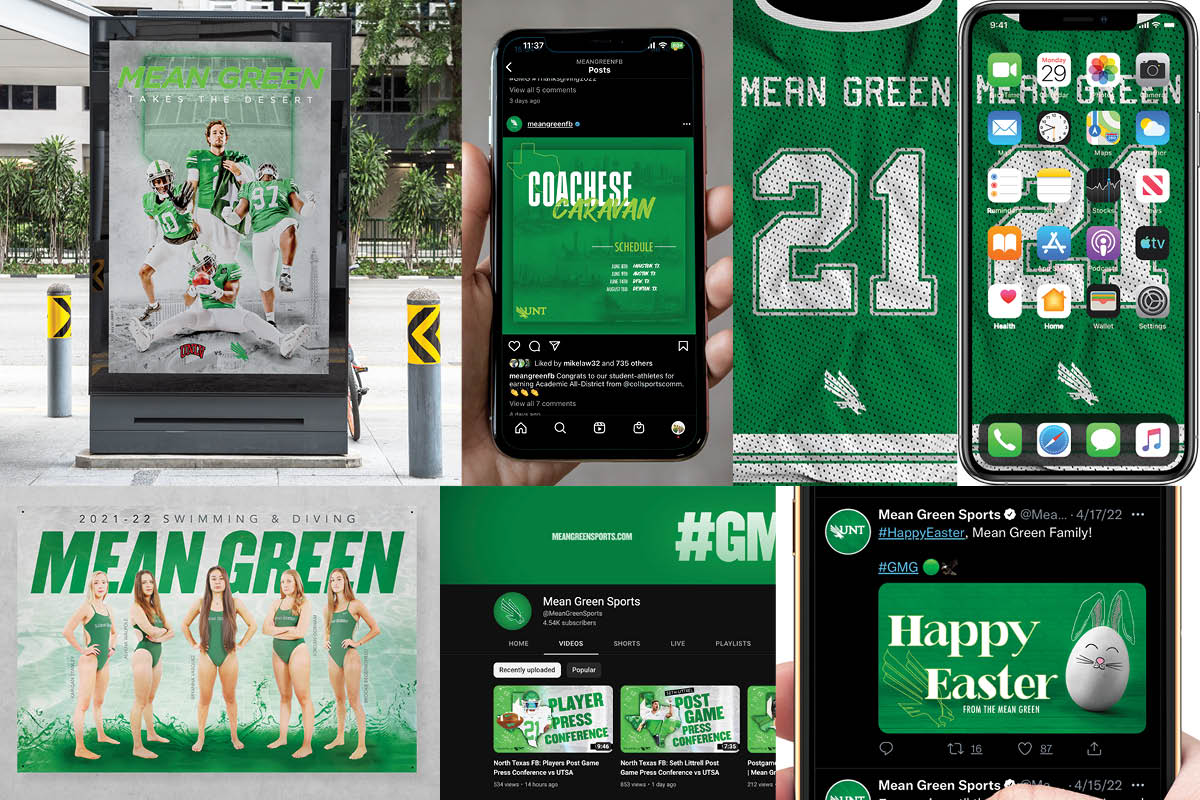 Mean Green athletics event ads and player pride posters are collaged together to show a variety of digital and print materials for the varying teams. 