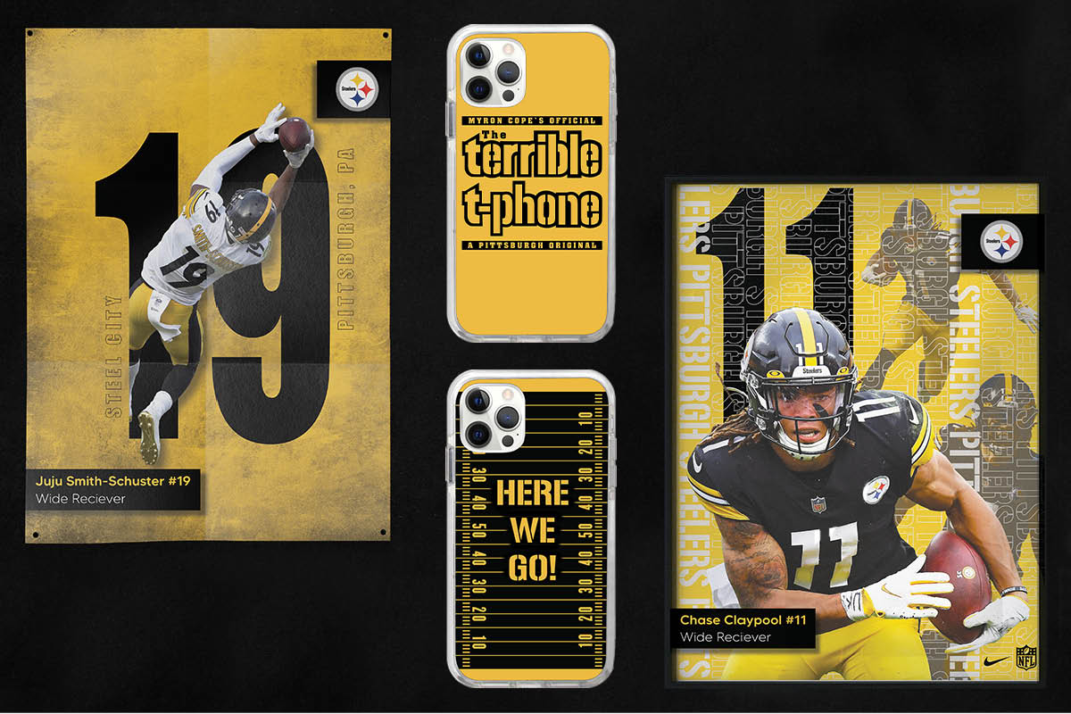 Posters of the fan favorite Pittsburgh Steelers' players are created to look like playing cards along with phone cases that depict the teams iconic sayings and team memorabilia. 