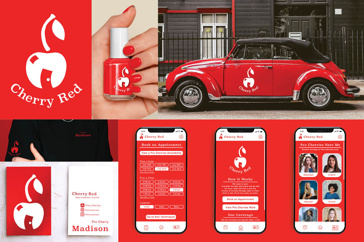 Varying business print materials, such as a logo, business card, employee T-shirt, and vehicle are shown along with the functioning assets, such as an app and branded red nail polish. 