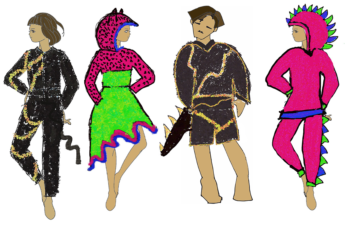 Four child croquis wearing a variety of clothing. 