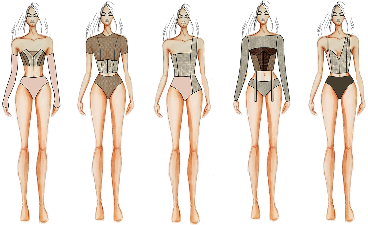 A line up of five female croquis with textured lingerie outfits illustrated onto them. 