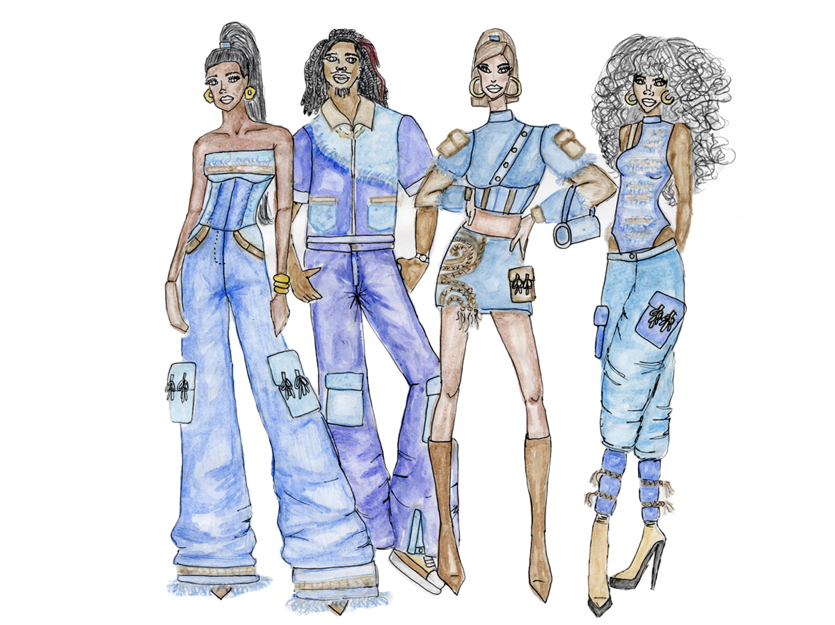 This is an illustration of four denim looks along with brown leather all coming together to create a collection showcasing a strapless wide-leg jumpsuit, fitted denim bodysuit with floor length skirt with godets, men's jacket and jeans with gold details