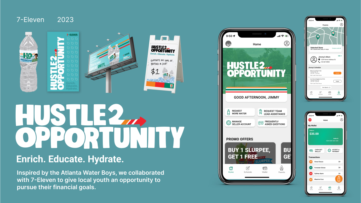 Mockups for Hustle 2 Opportunity. These include phone screens of the home page, wallet, and the parents screen, there are also mockups of a water bottle, billbboard, pamphlet, and a stand.