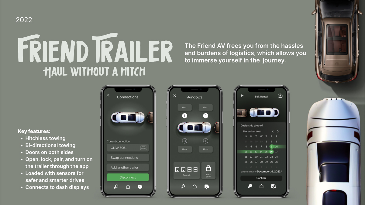 Mockups for the Friend AV Trailer. Includes three phone screens, the connections, controls, and rental pages. There is also an image of the trailer following a car with no physical connection between them.