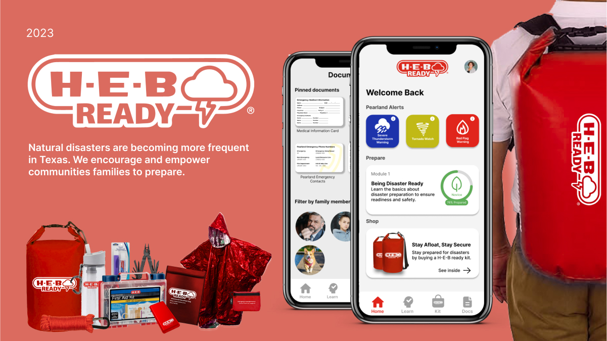Shows H-E-B Ready mockups of phone screens for the home and documents screen. There is also an image of the prep kit on a mans back. Also included are the items that come in the kit.