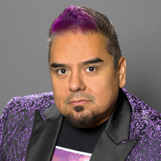 Angel wearing a purple brocade jacket, purple streak in his hair