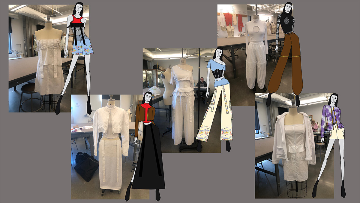 Images of process with five images of outfits at second muslin stage with five illustrations of each outfit featuring red knit fabric, black satin and knit fabrics, purple cotton and fleece fabrics, beige cotton fabrics, brown polyester fabrics, blue denim and knit fabrics. 