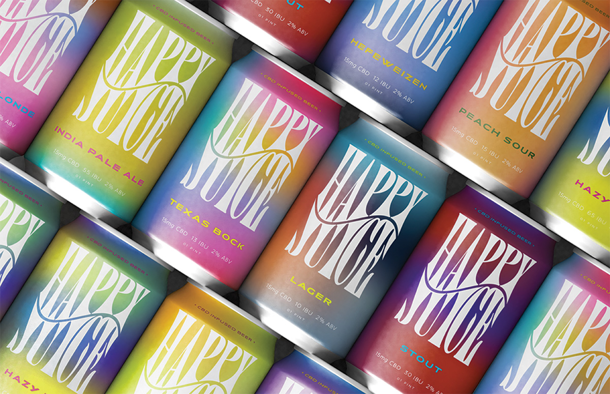 A series of juice cans lined up, each featuring the "Happy Juice" logo.