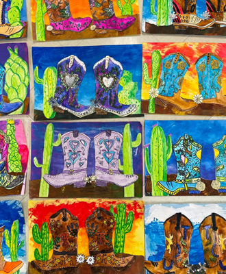 Various works of colorful cowboy boots