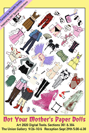 Drawings of paper dolls wearing contemporary clothes