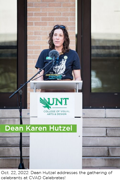 Dean Karen Hutzel addresses the gathering of celebrants at CVAD Celebrates! 2022!