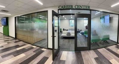 Entrance to the UNT Career Center, glass walls and door