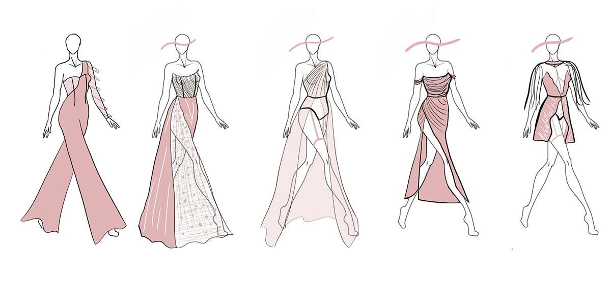 Collection Sketches of pink and white floor-length dresses.
