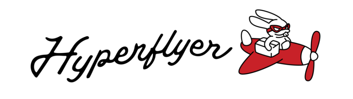Logo design features the text "hyperflyer" in a script style typeface waving across the screen. At the end of the text is a cartoon-style rabbit holding a box piloting an airplane.